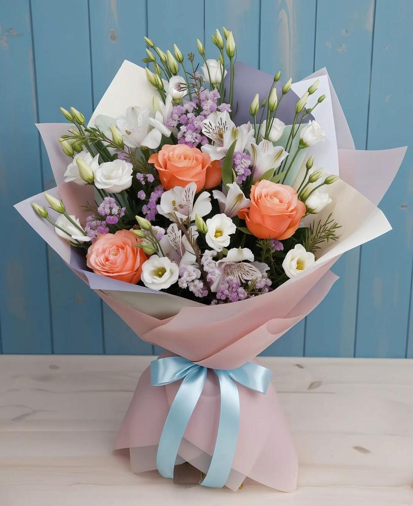 Букет цветов из: Лизиантусы, Розы, Альстромерии и Гипсофила в Седельниково