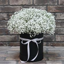 Цветочная композиция из Гипсофила в шляпной коробке в Седельниково