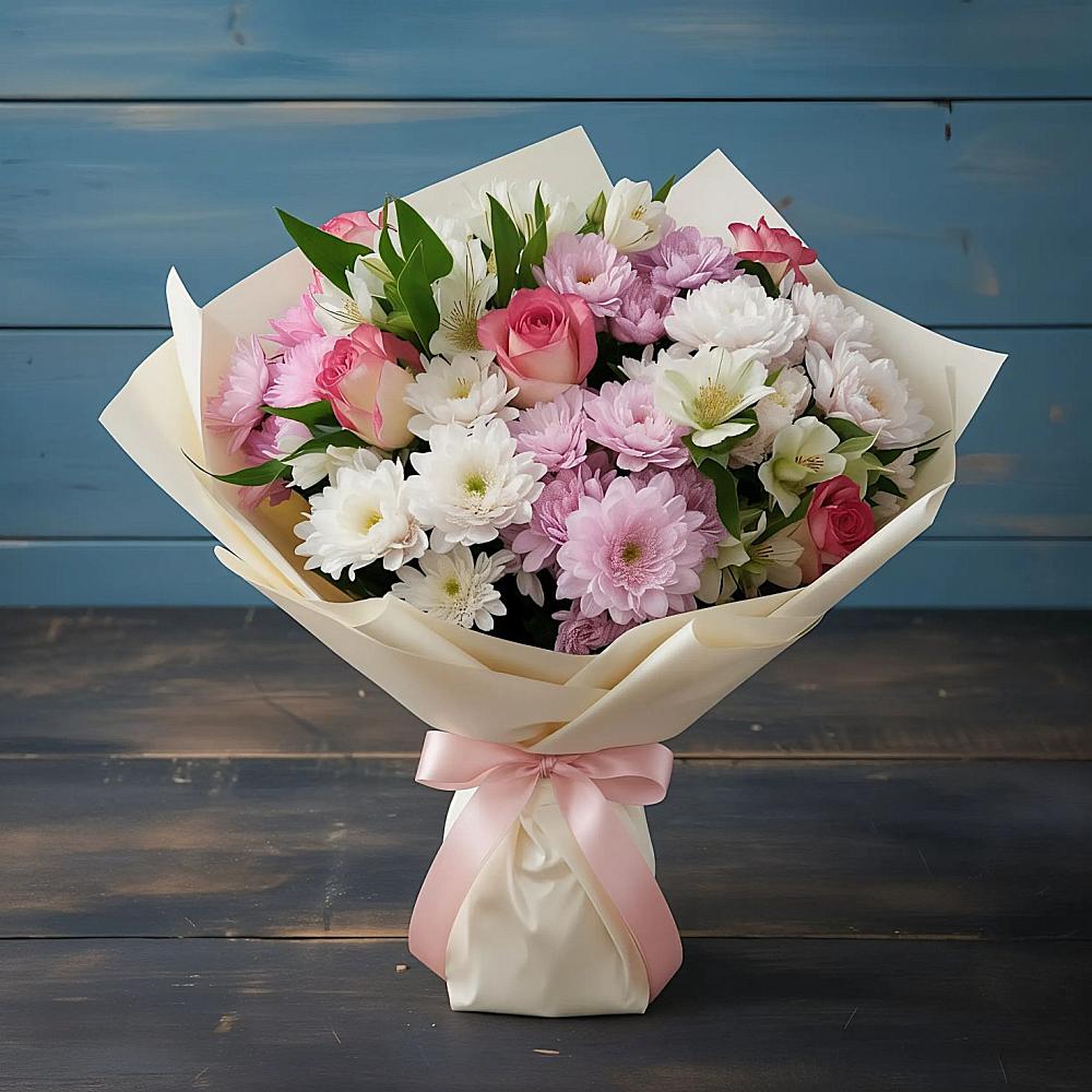 Букет цветов из: Хризантемы, Альстромерии и Розы в Седельниково